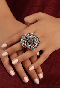 Green Stone Work Brass Metal Peacock Design Stud with Adjustable Ring image 3