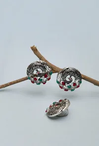 Green Stone Work Brass Metal Peacock Design Stud with Adjustable Ring image 4