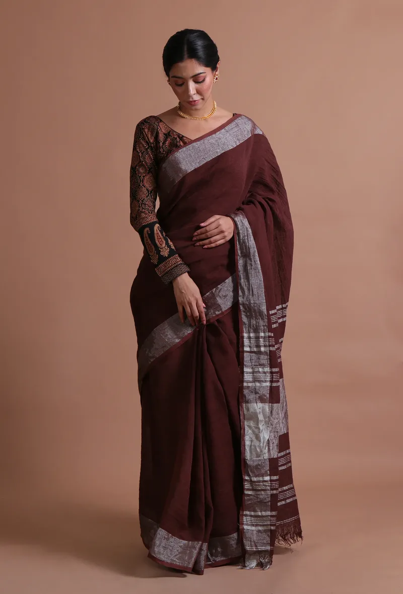 Brown Color Cotton Linen Saree With Unstitched Blouse