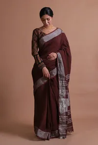 Brown Color Cotton Linen Saree With Unstitched Blouse image 1