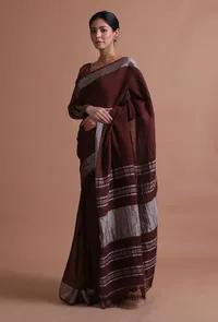 Brown Color Cotton Linen Saree With Unstitched Blouse image 2