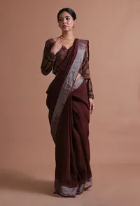 Brown Color Cotton Linen Saree With Unstitched Blouse image 3