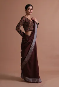 Brown Color Cotton Linen Saree With Unstitched Blouse image 4