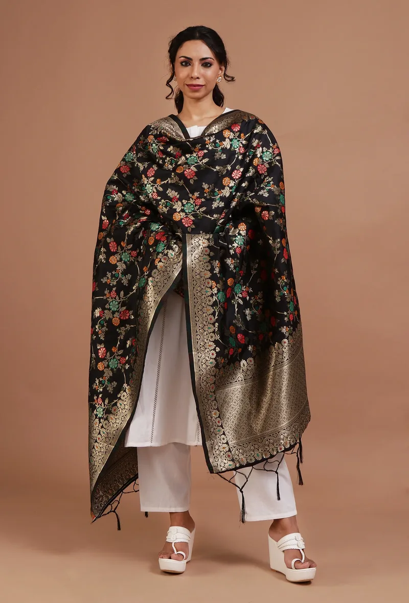 Black Color Semi Silk Dupatta With Zari Weaving
