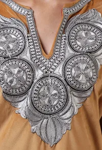 Beige Velvet Zari Embroidered Kurta, Pant And Dupatta Set- Free Size image 5