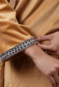 Beige Velvet Zari Embroidered Kurta, Pant And Dupatta Set- Free Size image 6