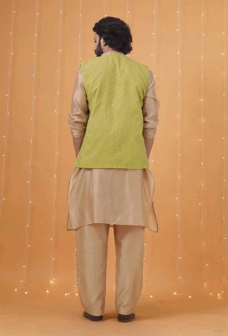 Set Of 3: Pistachio Green Dobby Chanderi Nehru Jacket, Beige Kurta & Pajama