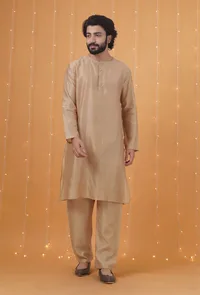 Set Of 3: Pistachio Green Dobby Chanderi Nehru Jacket, Beige Kurta & Pajama image 2