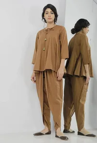 Kanak Beige Plain Round Neck Gathered Tie Up Top image 1