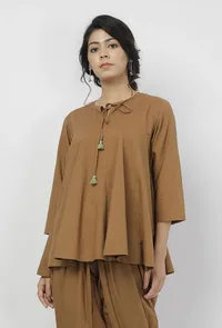 Kanak Beige Plain Round Neck Gathered Tie Up Top image 2