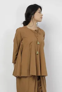 Kanak Beige Plain Round Neck Gathered Tie Up Top image 3
