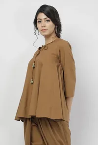 Kanak Beige Plain Round Neck Gathered Tie Up Top image 4