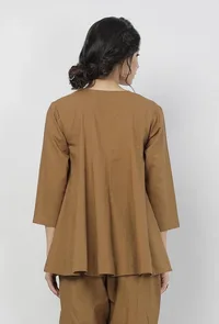 Kanak Beige Plain Round Neck Gathered Tie Up Top image 5