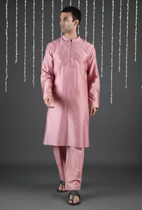 Set Of 2: Yug Carnation Pink Chanderi Kurta & Pants image 2