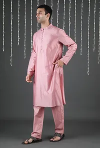 Set Of 2: Yug Carnation Pink Chanderi Kurta & Pants image 3