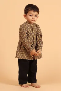 Set Of 2- Kanav Khaki Ajrakh Print Cotton Front Open Kurta & Black Pyjama image 1