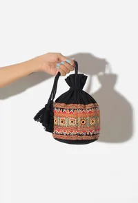 Pebble Black Cotton Mirror Tassels Potli image 1