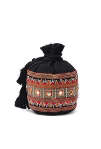 Pebble Black Cotton Mirror Tassels Potli image 3