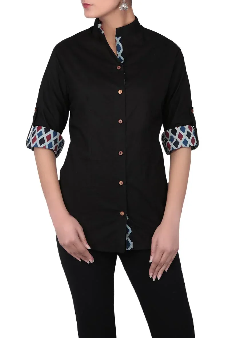 Black A-symmetrical 100% cotton shirt with roll up sleeves