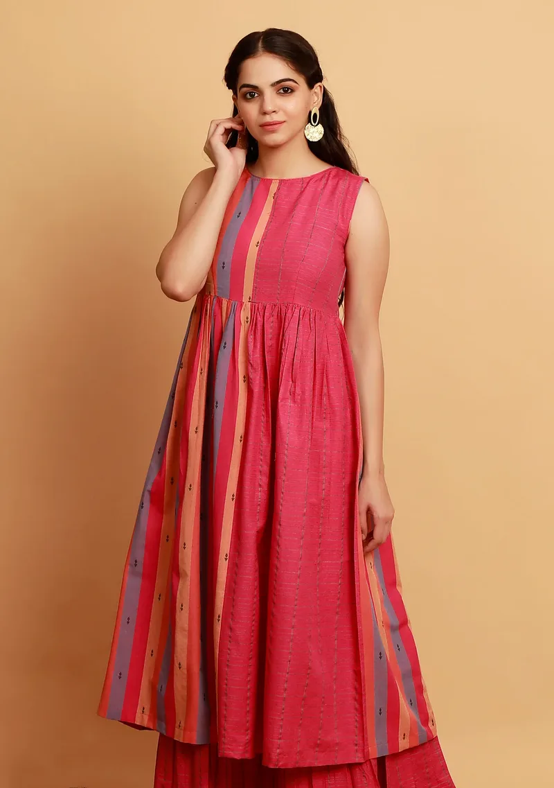 Pink Checks And Stripe Sleeveless Flared Woven Kurta