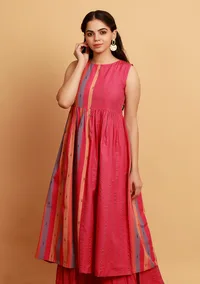 Pink Checks And Stripe Sleeveless Flared Woven Kurta image 1
