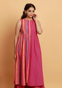 Pink Checks And Stripe Sleeveless Flared Woven Kurta image 2