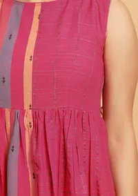 Pink Checks And Stripe Sleeveless Flared Woven Kurta image 4