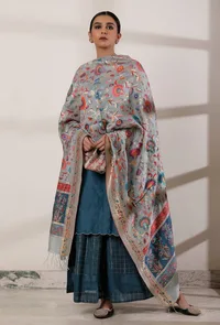 Set of 3: Teal Blue Slip Kurta with Palazzo and Kani Dupatta image 1