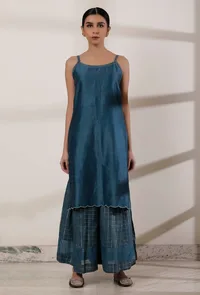 Set of 3: Teal Blue Slip Kurta with Palazzo and Kani Dupatta image 3