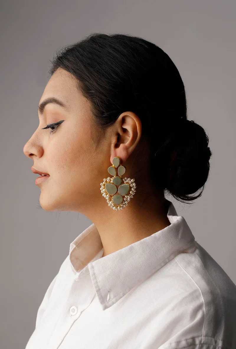 Fern Green Gold Stone Pearl Earrings