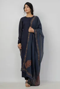 Aegean Blue with Beige Floral Hand-Block Printed Kota Dupatta image 3