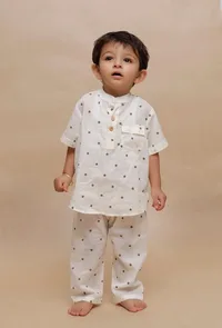 Set of 2: Off-White Polka Dot Printed Shirt and off-white Polka Dot Printed Pant image 1