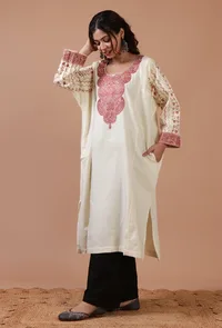 Off-White Woolen Sozni Embroidered Phiran- Free Size image 2