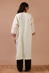 Off-White Woolen Sozni Embroidered Phiran- Free Size image 4