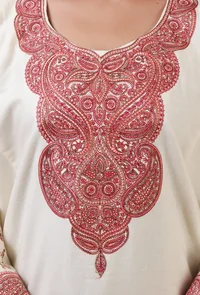 Off-White Woolen Sozni Embroidered Phiran- Free Size image 5