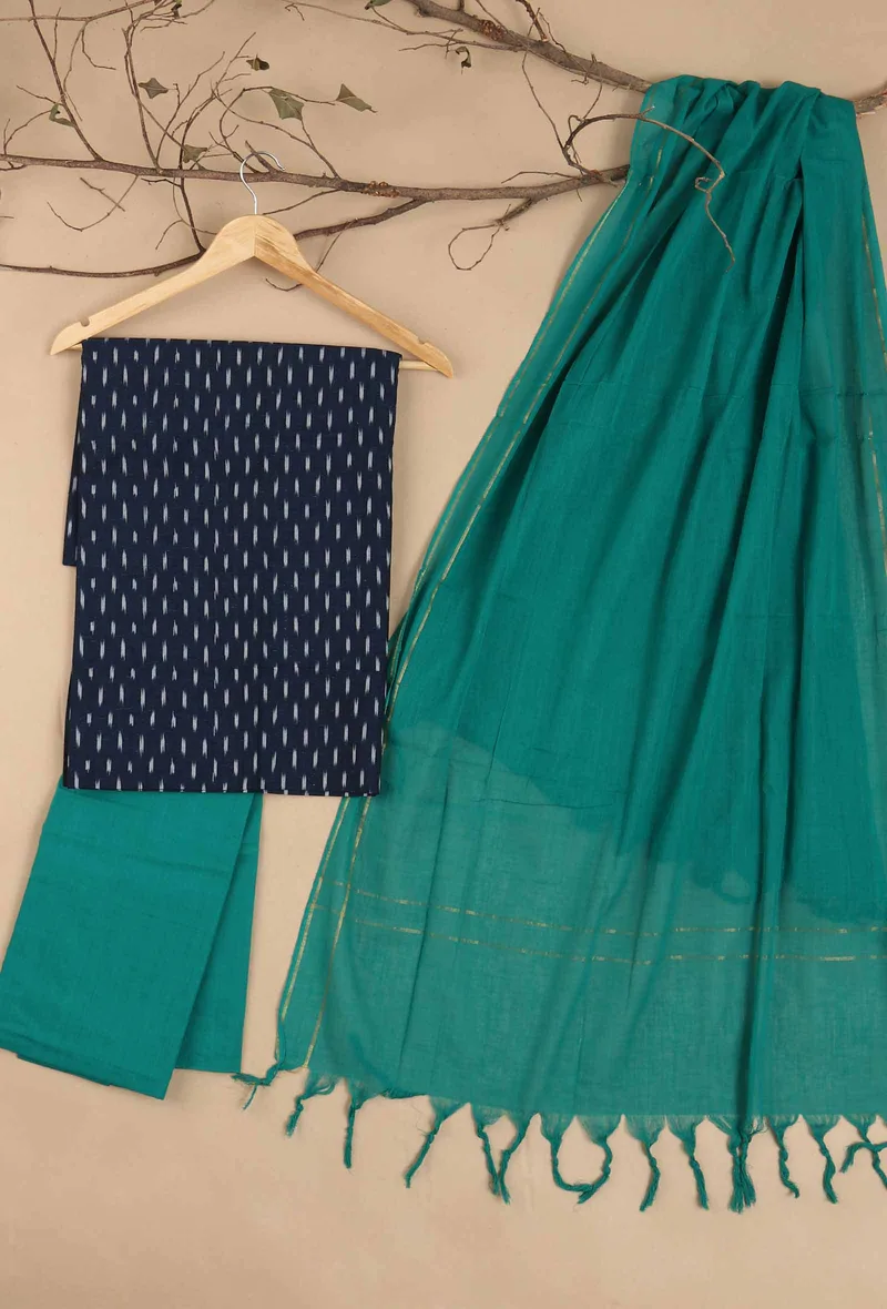 Set of 3: Teal Ikat Cotton Suit with Bottoms and Dupatta