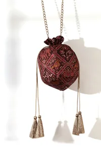 Gulika Maroon & Multi Silk Patola Print Potli With Tassels image 1