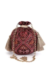 Gulika Maroon & Multi Silk Patola Print Potli With Tassels image 2