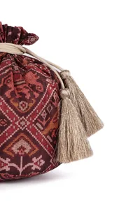 Gulika Maroon & Multi Silk Patola Print Potli With Tassels image 4