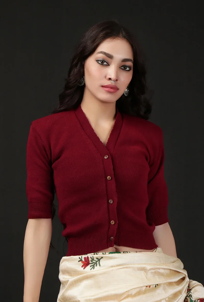 Wine-Colored Acrylic Cashmilon Knitted Quarter Sleeves Crop Top Blouse