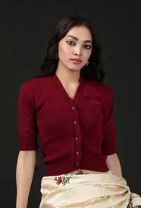 Wine-Colored Acrylic Cashmilon Knitted Quarter Sleeves Crop Top Blouse image 1