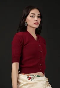 Wine-Colored Acrylic Cashmilon Knitted Quarter Sleeves Crop Top Blouse image 2