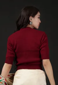 Wine-Colored Acrylic Cashmilon Knitted Quarter Sleeves Crop Top Blouse image 3