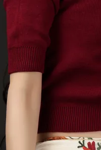 Wine-Colored Acrylic Cashmilon Knitted Quarter Sleeves Crop Top Blouse image 5