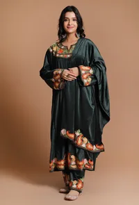 Set Of 3 Mineral Green Aari Embroidered Kashmiri Phiran-Free Size image 1