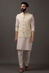 Set of 3: Beige Kurta pajama with Yellow waist coat image 1