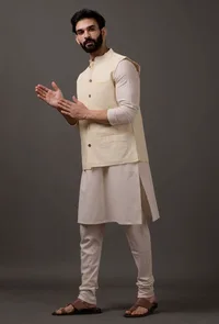 Set of 3: Beige Kurta pajama with Yellow waist coat image 2