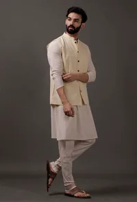 Set of 3: Beige Kurta pajama with Yellow waist coat image 3
