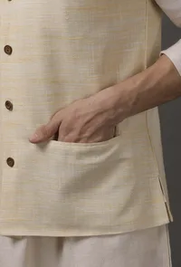 Set of 3: Beige Kurta pajama with Yellow waist coat image 5