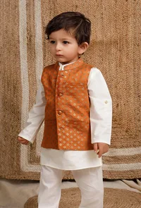 Set Of 3: Off White Cotton Silk Kurta, Pyjama & Orange Brocade Nehru Jacket image 1